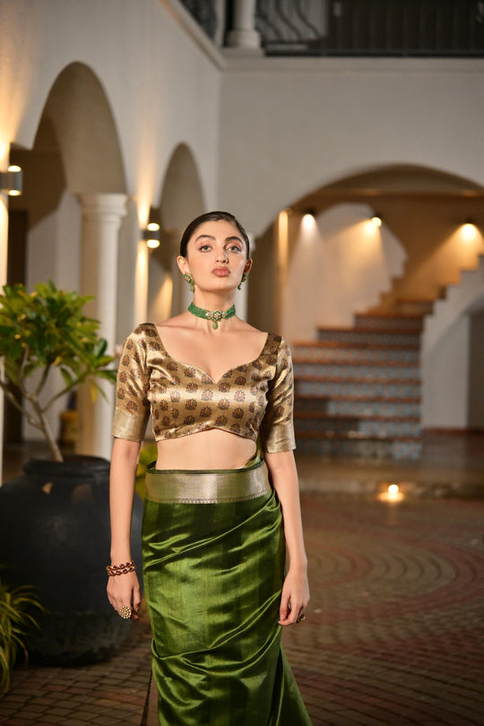 Green Soft Khadi Raw Silk Saree With Traditional Hand Painted Madhu Bani Pallu And Zari Weaving Temple Border With Extraordinary Lotus Printed Blouse Piece