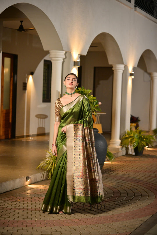 Green Soft Khadi Raw Silk Saree With Traditional Hand Painted Madhu Bani Pallu And Zari Weaving Temple Border With Extraordinary Lotus Printed Blouse Piece