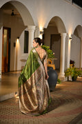 Green Soft Khadi Raw Silk Saree With Traditional Hand Painted Madhu Bani Pallu And Zari Weaving Temple Border With Extraordinary Lotus Printed Blouse Piece