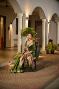 Green Soft Khadi Raw Silk Saree With Traditional Hand Painted Madhu Bani Pallu And Zari Weaving Temple Border With Extraordinary Lotus Printed Blouse Piece