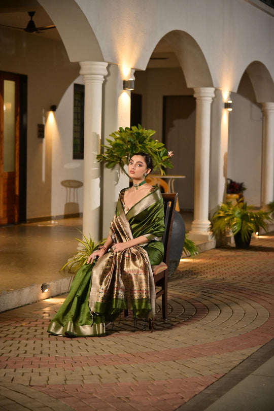 Green Soft Khadi Raw Silk Saree With Traditional Hand Painted Madhu Bani Pallu And Zari Weaving Temple Border With Extraordinary Lotus Printed Blouse Piece