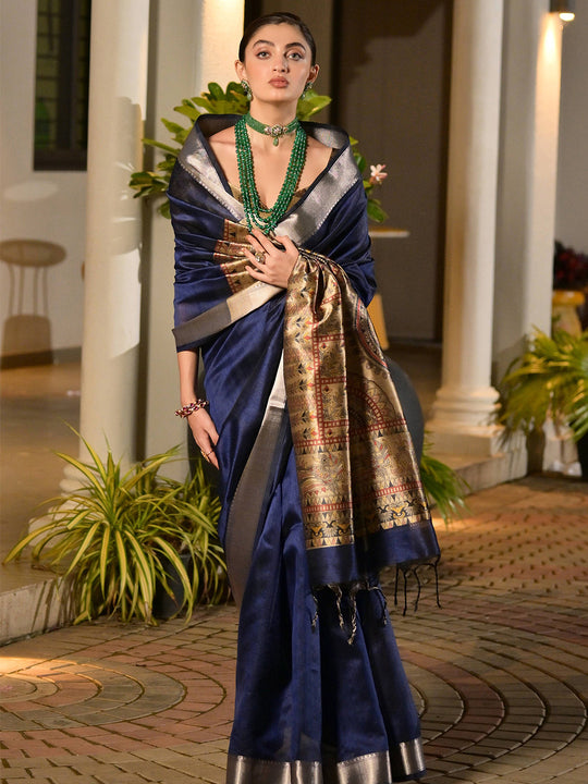 Blue Soft Tussar Silk Saree With Blouse Piece