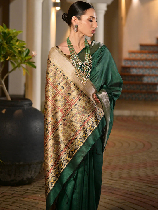 Green Soft Tussar Silk Saree With Blouse Piece