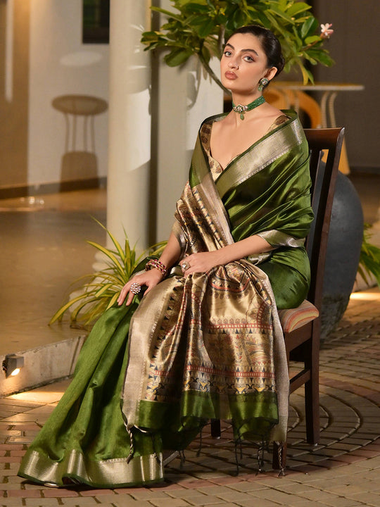 Mahendi Soft Tussar Silk Saree With Blouse Piece