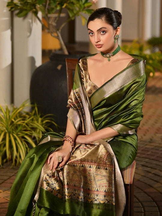 Mahendi Soft Tussar Silk Saree With Blouse Piece