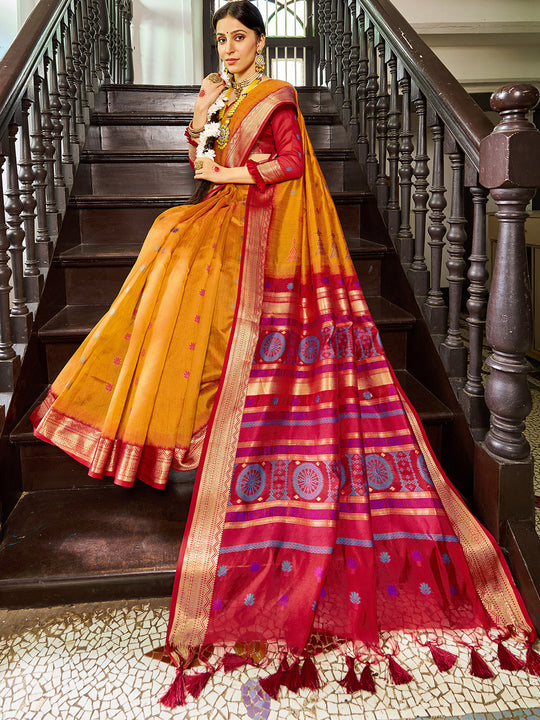 Mustard Raw Silk Festive Wear Saree With Blouse Piece