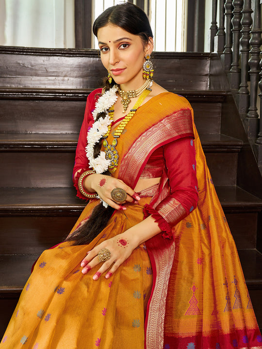 Mustard Raw Silk Festive Wear Saree With Blouse Piece