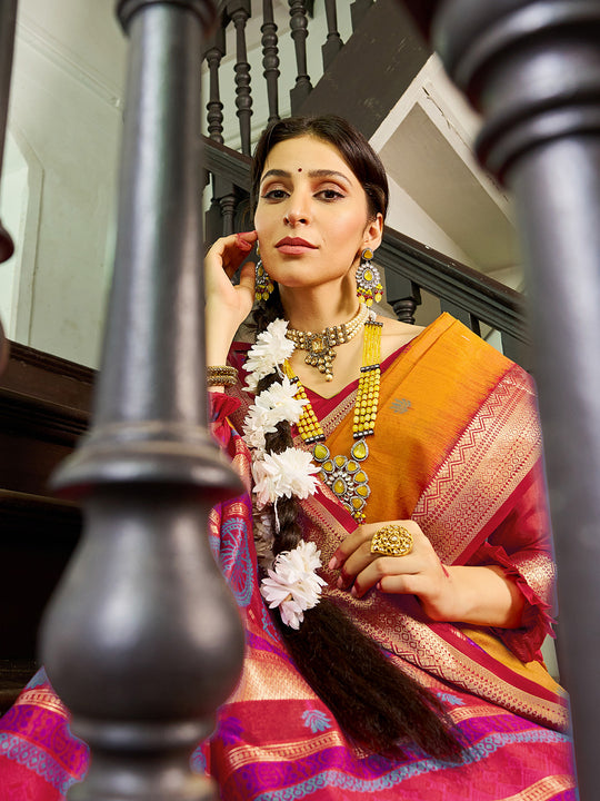 Mustard Raw Silk Festive Wear Saree With Blouse Piece