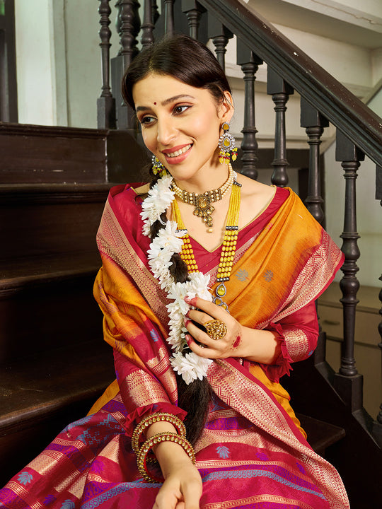 Mustard Raw Silk Festive Wear Saree With Blouse Piece