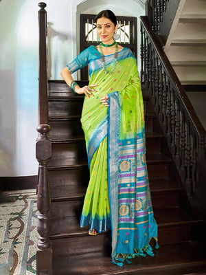 Green Raw Silk Festive Wear Saree With Blouse Piece