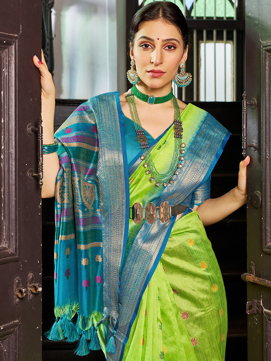 Green Raw Silk Festive Wear Saree With Blouse Piece