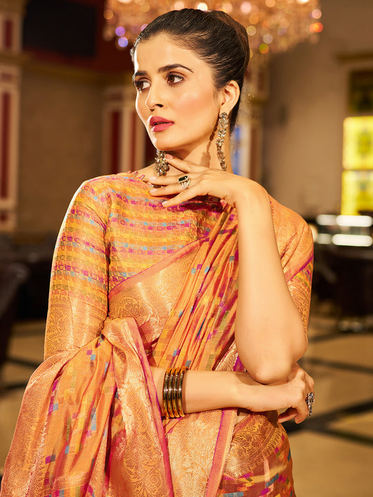 Yellow Organza Festive Wear Saree With Blouse Piece