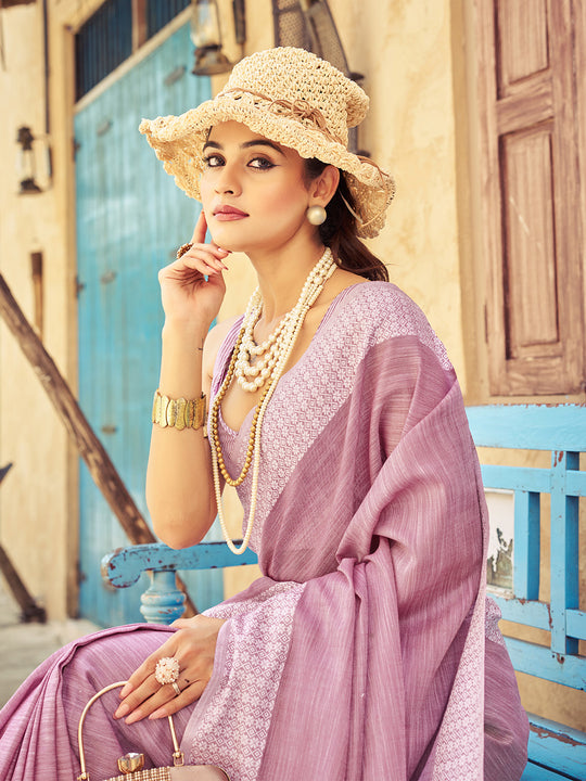 Lavender Linen Festive Wear Saree With Blouse Piece