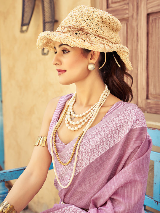 Lavender Linen Festive Wear Saree With Blouse Piece