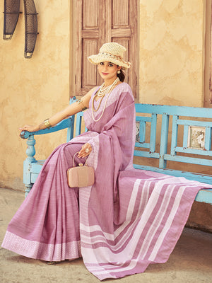 Lavender Linen Festive Wear Saree With Blouse Piece