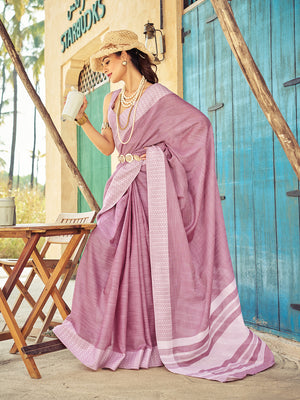 Lavender Linen Festive Wear Saree With Blouse Piece