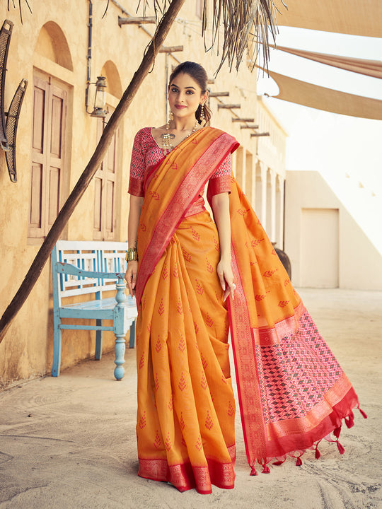 Orange Raw Silk Festive Wear Saree With Blouse Piece