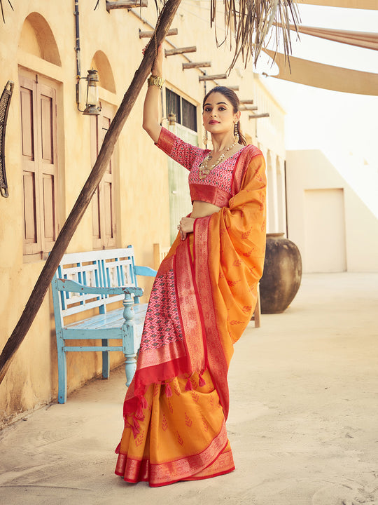 Orange Raw Silk Festive Wear Saree With Blouse Piece