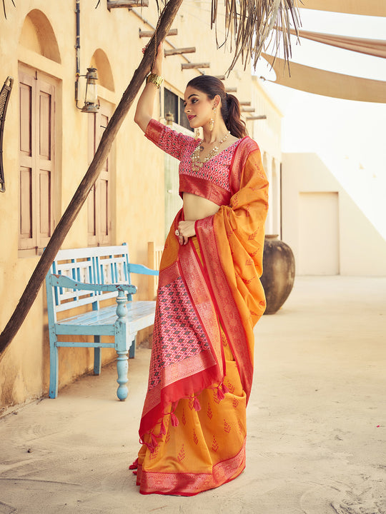 Orange Raw Silk Festive Wear Saree With Blouse Piece