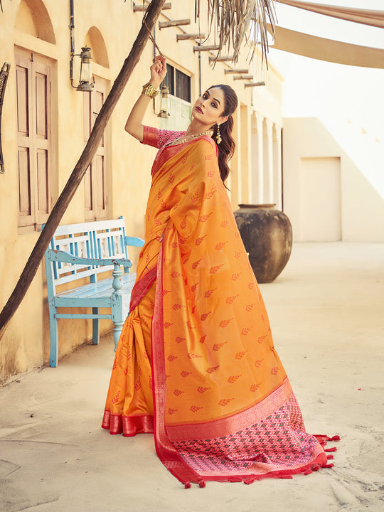 Orange Raw Silk Festive Wear Saree With Blouse Piece