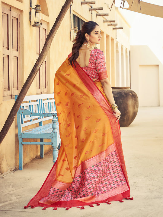 Orange Raw Silk Festive Wear Saree With Blouse Piece
