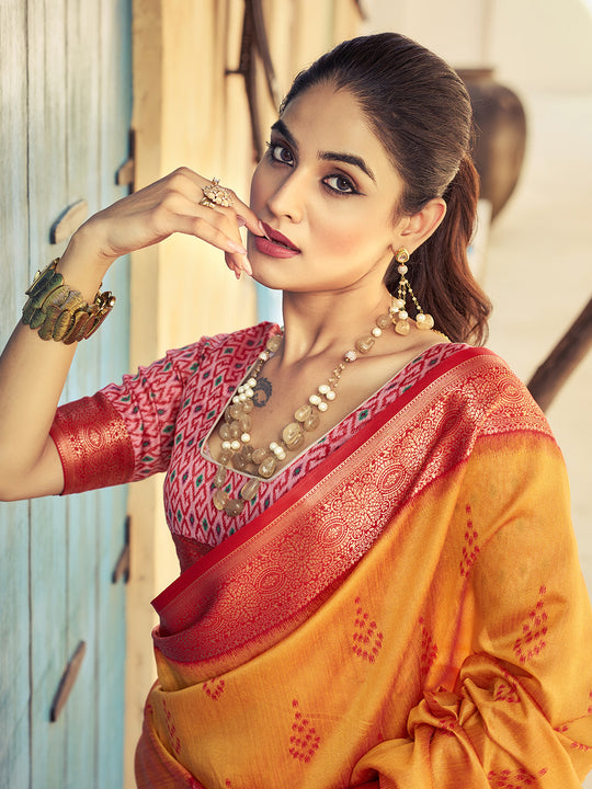 Orange Raw Silk Festive Wear Saree With Blouse Piece