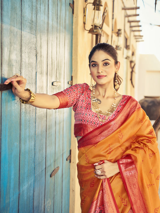 Orange Raw Silk Festive Wear Saree With Blouse Piece
