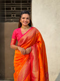 Orange Banarasi Silk Blend Saree With Blouse Piece