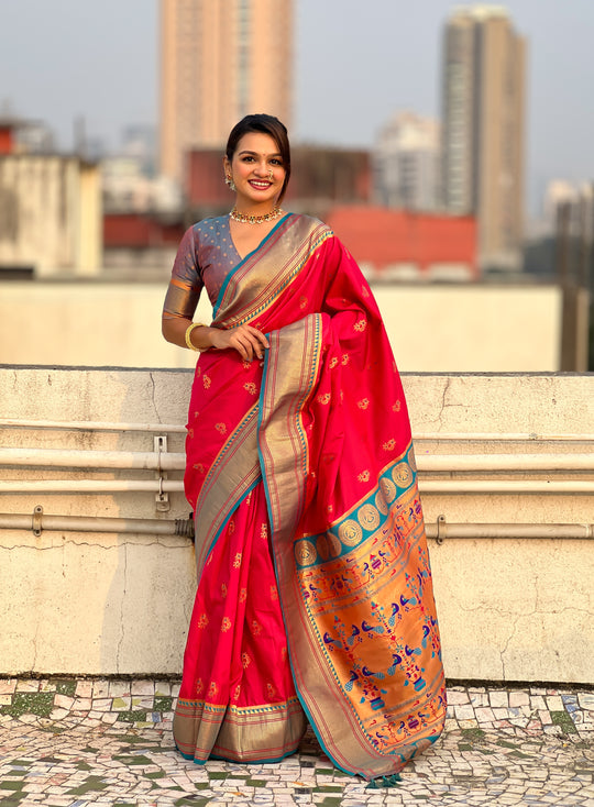 Red Banarasi Silk Blend Saree With Blouse Piece