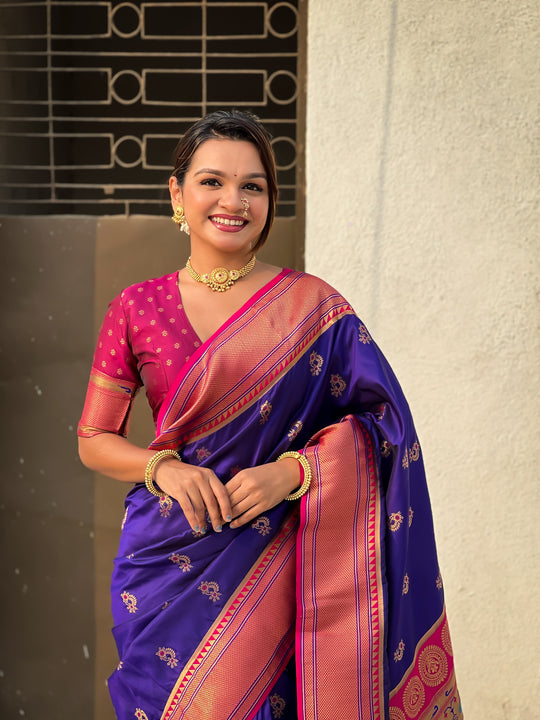 Purple Banarasi Silk Blend Saree With Blouse Piece