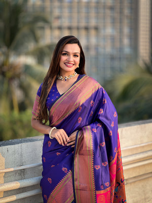 Violet Banarasi Silk Blend Saree With Blouse Piece
