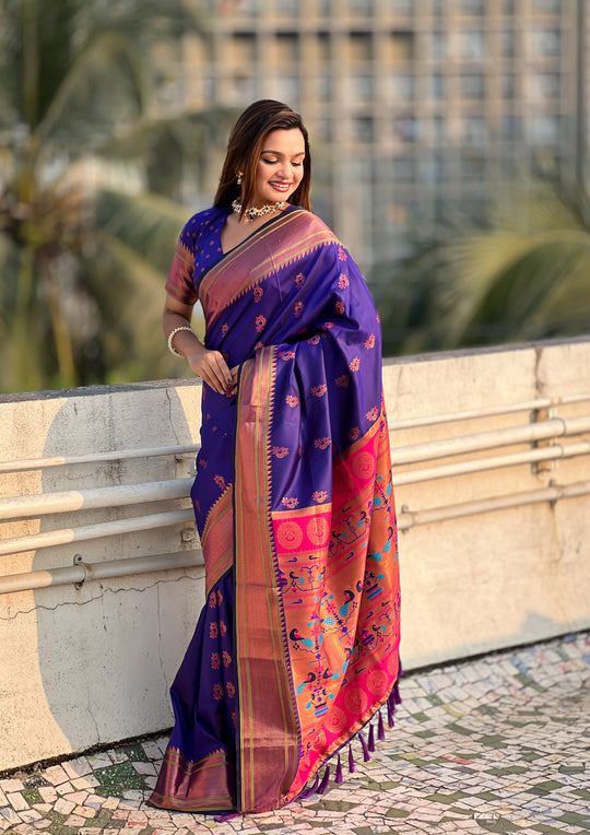Violet Banarasi Silk Blend Saree With Blouse Piece