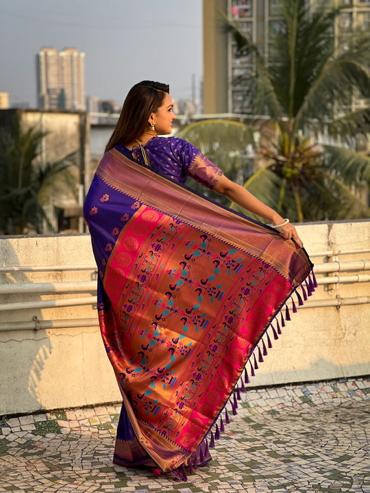 Violet Banarasi Silk Blend Saree With Blouse Piece