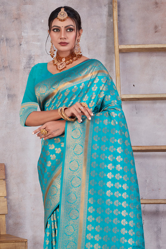 Ocean Blue Banarasi Saree
