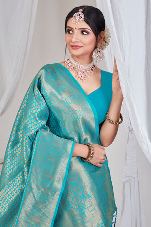 Ocean Blue Kanjivaram Saree