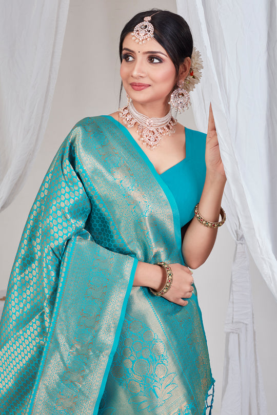 Ocean Blue Kanjivaram Saree