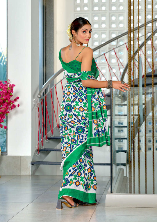 Teal Green Pure Mulmul Cotton Ikkat Hand Block Print Saree With Blouse Piece