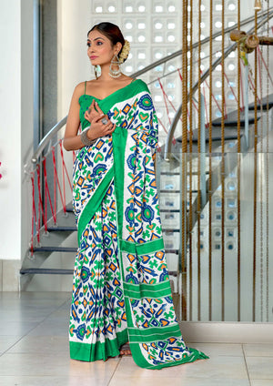 Teal Green Pure Mulmul Cotton Ikkat Hand Block Print Saree With Blouse Piece
