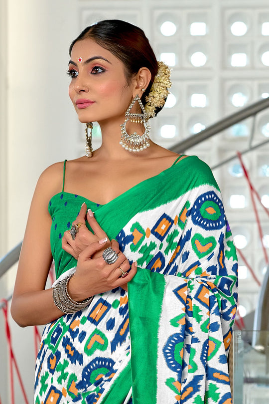 Teal Green Pure Mulmul Cotton Ikkat Hand Block Print Saree With Blouse Piece