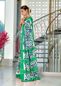 Teal Green Pure Mulmul Cotton Ikkat Hand Block Print Saree With Blouse Piece