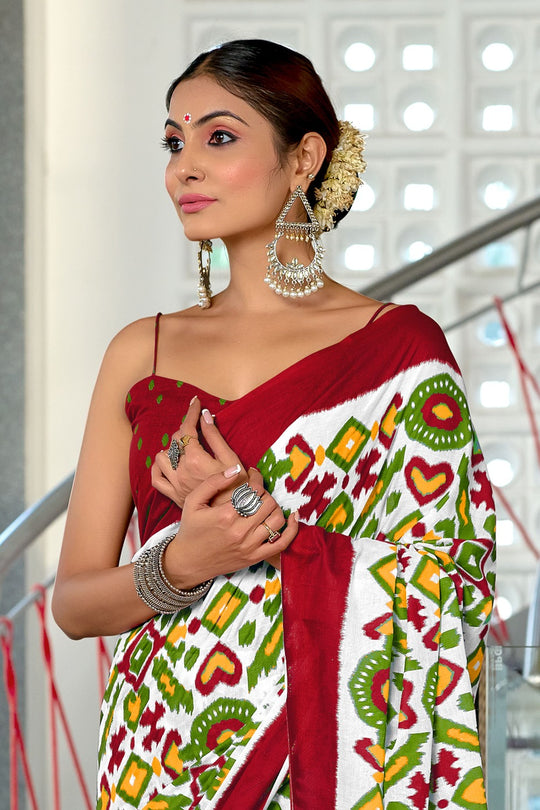 Multi Colour Pure Mulmul Cotton Ikkat Hand Block Print Saree With Blouse Piece