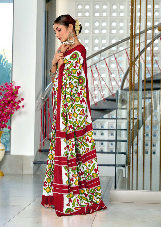 Multi Colour Pure Mulmul Cotton Ikkat Hand Block Print Saree With Blouse Piece