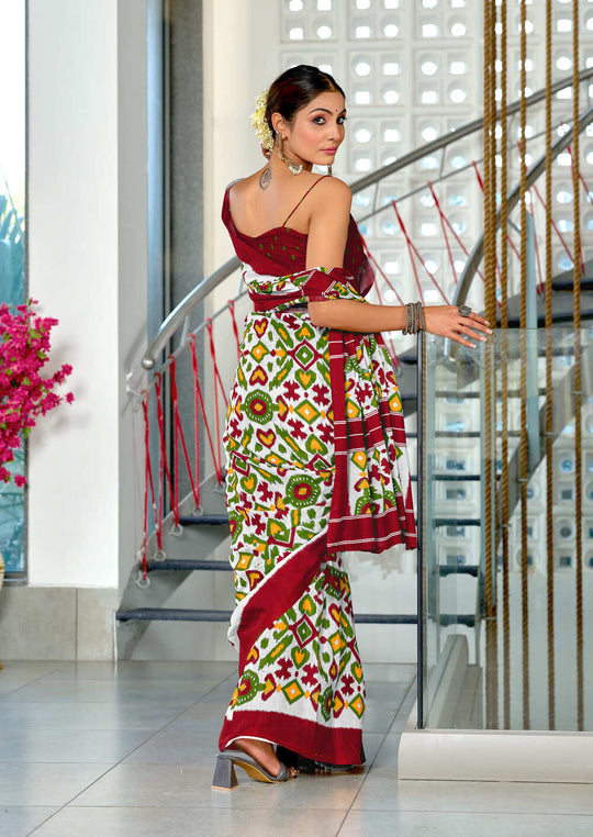 Multi Colour Pure Mulmul Cotton Ikkat Hand Block Print Saree With Blouse Piece