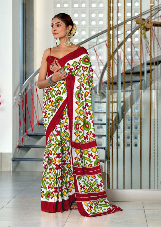 Multi Colour Pure Mulmul Cotton Ikkat Hand Block Print Saree With Blouse Piece