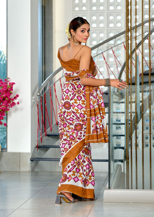 Multi Colour Pure Mulmul Cotton Ikkat Hand Block Print Saree With Blouse Piece