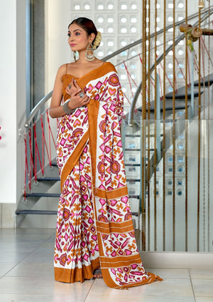 Multi Colour Pure Mulmul Cotton Ikkat Hand Block Print Saree With Blouse Piece