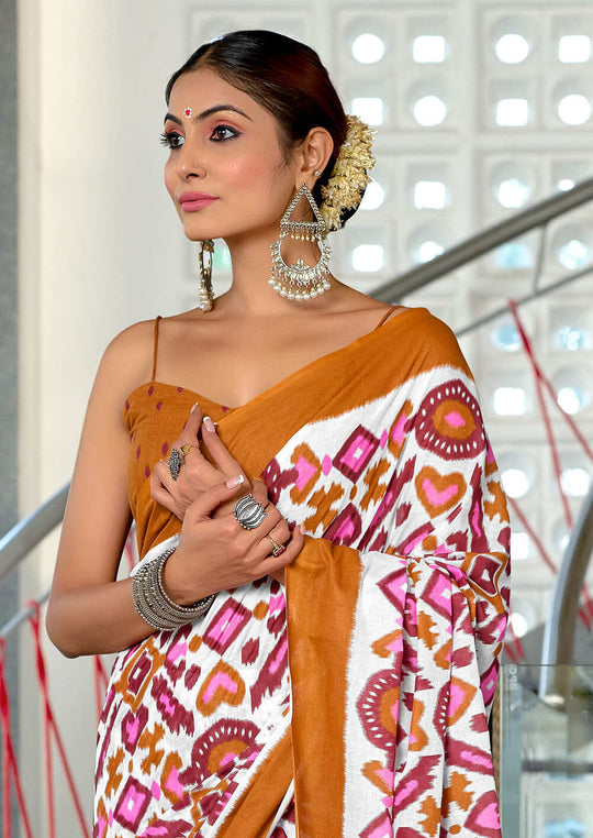 Multi Colour Pure Mulmul Cotton Ikkat Hand Block Print Saree With Blouse Piece