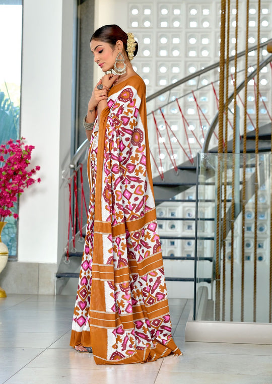 Multi Colour Pure Mulmul Cotton Ikkat Hand Block Print Saree With Blouse Piece