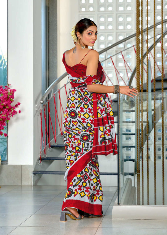 Red Pure Mulmul Cotton Ikkat Hand Block Print Saree With Blouse Piece