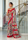 Red Pure Mulmul Cotton Ikkat Hand Block Print Saree With Blouse Piece